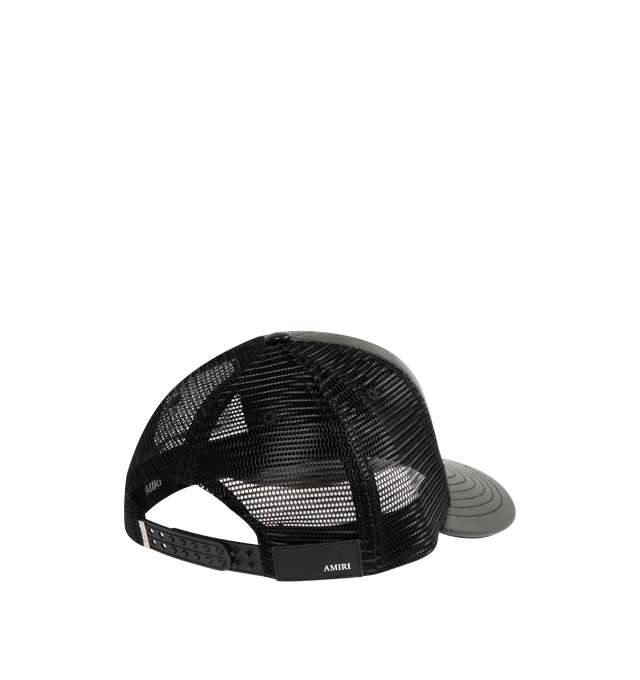 Image 3 of 3 - BLACK - AMIRI Leather MA Trucker Cap featuring mesh and buffed leather cap, logo embroidered at face, curved brim, logo plaque at snapback fastening and twill lining. 100% leather. Body 2: 100% polyester. Lining: 100% viscose. Made in United States. 