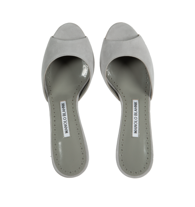 Image 4 of 4 - GREY - MANOLO BLAHNIK Jada Mules featuring almond-shaped open toes, suede, slip on, textile logo patch at padded footbed, grained goatskin lining, covered heel with rubber injection and leather sole. 70MM. Upper: leather. Sole: leather. Made in Italy. 