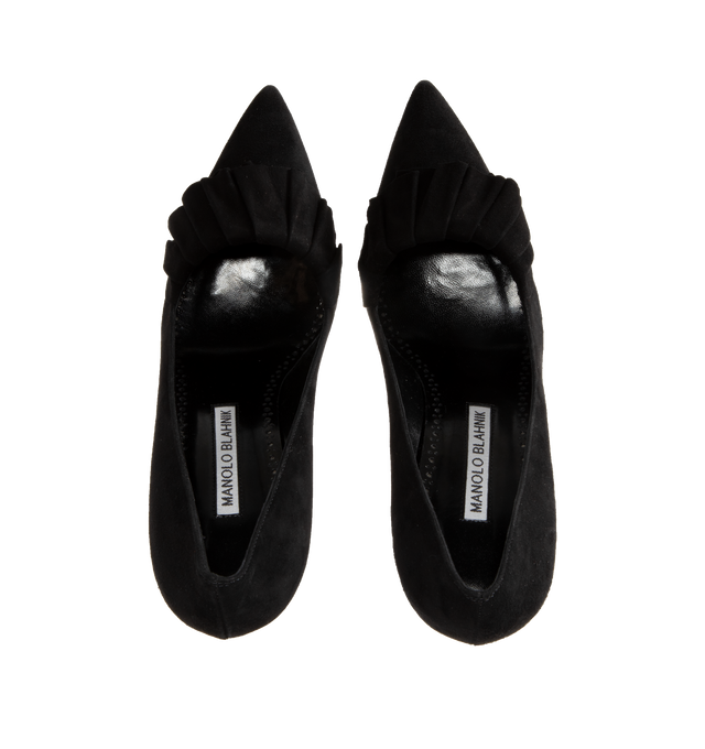 Image 4 of 4 - BLACK - MANOLO BLAHNIK Espanhi Heel featuring suede pointed toe pumps, tonal ruffled detail and stiletto flared heel. 90MM. 100% kid suede. Sole: 100% calf leather. Lining: 100% kid leather. 