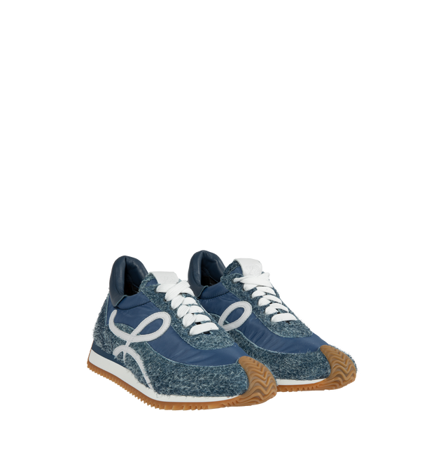 Image 2 of 5 - BLUE - LOEWE Lace-up runner sneaker crafted from nylon and brushed suede in a raw denim color, featuring an L monogram on the quarter and gold embossed LOEWE logo on the backtab. The textured honey-coloured rubber outsole extends to the toe-cap and on to the back of the heel. Made in Italy. 