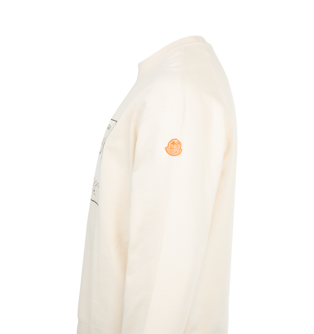 Image 3 of 3 - WHITE - Moncler x Gilga Farm Designed by Donald Glover Cotton Sweatshirt shows the brand's mascot visiting Donald Glover's Gilga farm. The playful Moncler x Gilga Farm designed by Donald Glover crew neck is crafted from soft cotton fleece.Crafted from 100% Cotton fleece featuring 95% Cotton, 5% Elastane / Spandex rib trim, 100% Polyester emboidered logo motif, crew neck, and logo patch. Made in Turkey. 