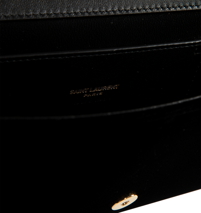 Image 3 of 3 - BLACK - Saint Laurent Women's Kate Clutch is crafted from velvet and features a sleek evening silhouette adorned with the iconic Cassandre logo. Designed with a removable jewelry chain strap with bezel-set cabochon links, a magnetic snap closure, one flat pocket, and one card slot, allowing it to be worn on the shoulder or carried as a clutch. Main Material: 63% Viscose, 27% Cupro, 10% Brass. Lining: Leather. Dimensions: 28 cm W  12 cm H  4 cm D. Strap Drop: 36 cm. Fits: Phone, cardholder, ke 