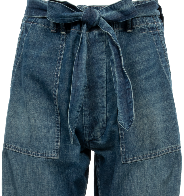 Image 3 of 3 - BLUE - R13 Belted Venti Utility Pants featuring high rise, wide leg, relaxed fit full length and belted. 100% cotton. 