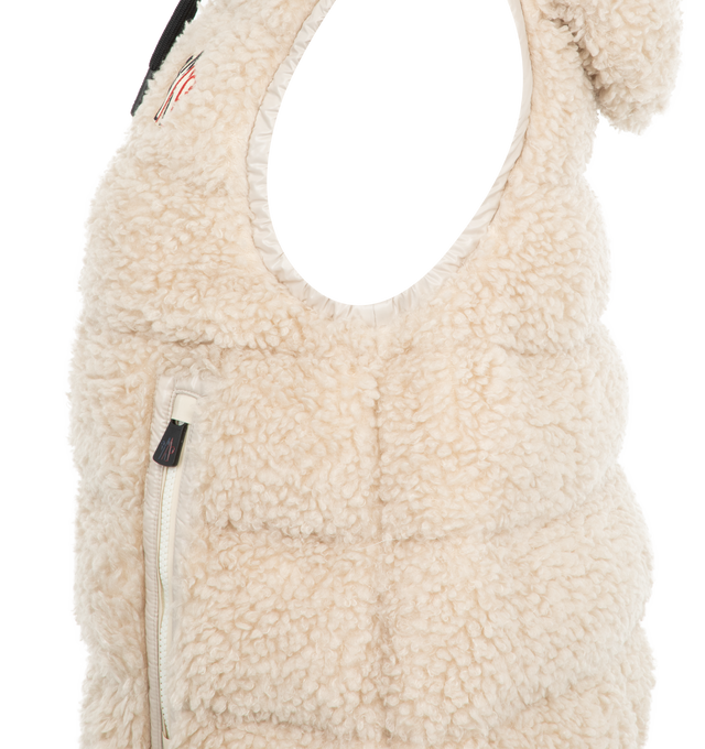 Image 3 of 3 - WHITE - MONCLER Padded Teddy Zip-Up Vest featuring teddy fleece, nylon laqu trim, nylon laqu lining, down-filled, adjustable hood, zipper closure, zipped pockets and hem with elastic drawstring fastening. 100% polyester. 100% polyamide/nylon. Padding: 90% down, 10% feather. 