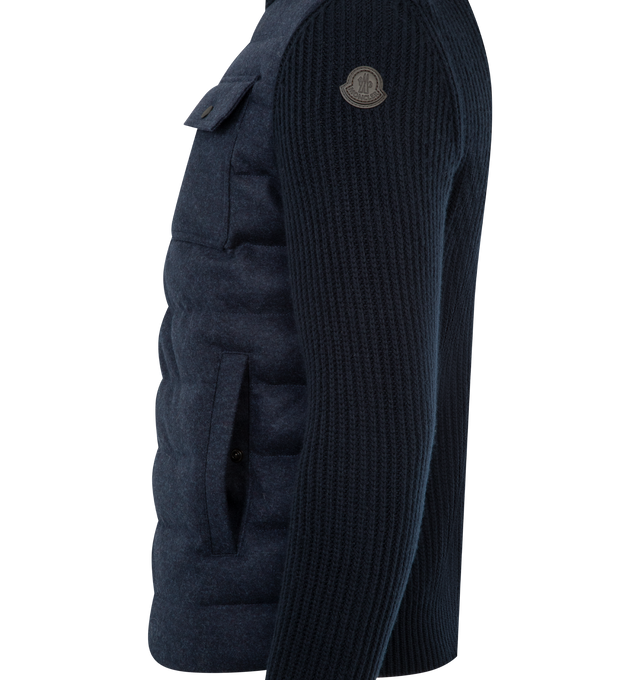 Image 3 of 3 - NAVY - Padded Wool Zip-up Cardigan featuring down-filled front, padded, rib knit, gauge 7, zipper closure, pockets with snap button closure and leather logo patch. 100% virgin wool. 100% polyamide/nylon. Padding: 90% down, 10% feather. 