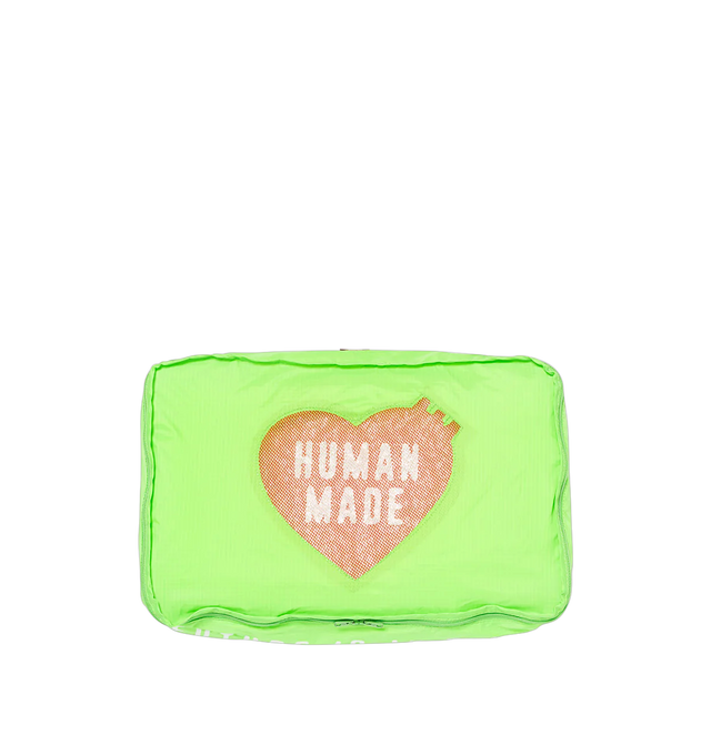 Image 2 of 5 - GREEN - HUMAN MADE Gusset Case Large featuring mesh cutout in signature brand shape, zipper opening and internal stash pocket. 100% nylon. 