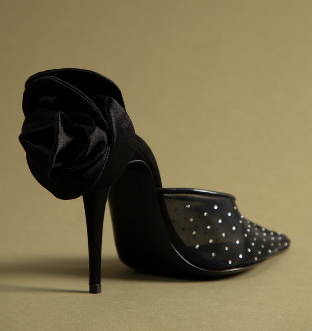 Image 3 of 6 - BLACK - Magda Butrym Pointed Toe Mules have knife heels with the designer's iconic 3D roses and mesh toe boxes detailed with all-over crystals. Leather soles.  