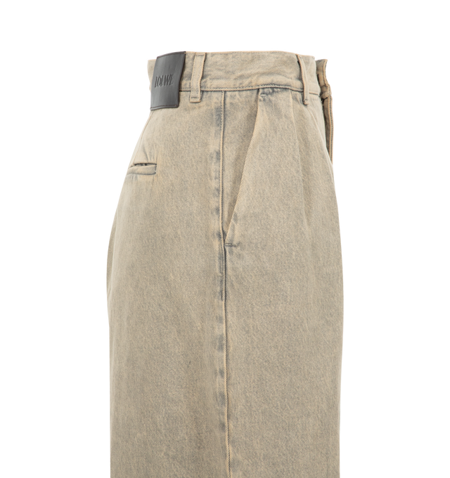 Image 3 of 3 - NEUTRAL - Loewe Wide Leg Front Pleat Jeans have a hook closure, a wide-legged silhouette, side pockets, a back pocket, and a leather logo patch at the back. 100% cotton.  