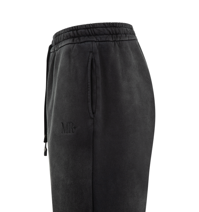 Image 3 of 3 - BLACK - MIDNIGHT RODEO Mr Sweatpant featuring relaxed-fit sweatpants, washed cotton construction, elastic waistband with drawstring closure, side seam pockets, tonal MR logo embroidery, distressed detailing throughout and wide leg silhouette. 100% cotton. 