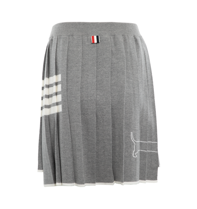 Image 2 of 3 - GREY -  Hector Icon Pleated Mini skirt featuring grey, virgin wool, knitted construction, signature 4-Bar stripe, dog print, fully pleated and above-knee length. 100% virgin wool. 