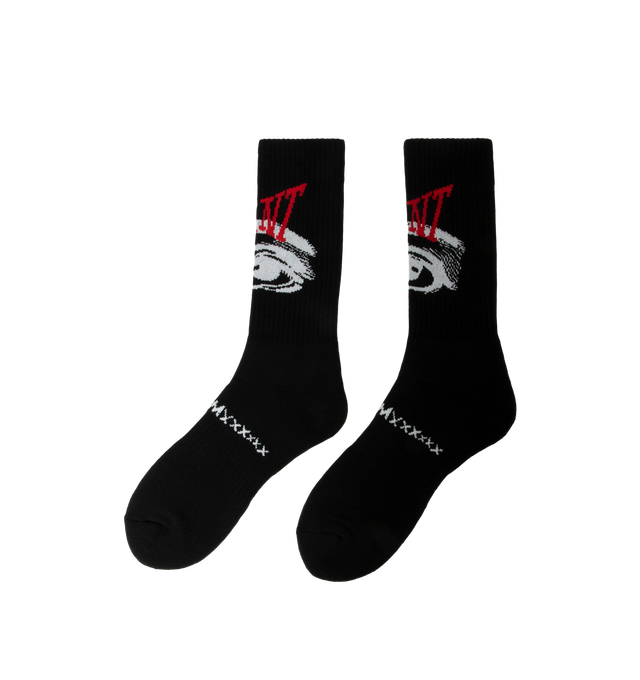 Image 2 of 3 - BLACK - Saint Michael Mens Socks are crafted from a durable cotton-blend knit. Feature ribbed detailing, stitched branding and imagery, and a comfortable stretch fit. Main Material: Cotton, Polyester, Nylon, and Elastane Blend. Made in the USA. 