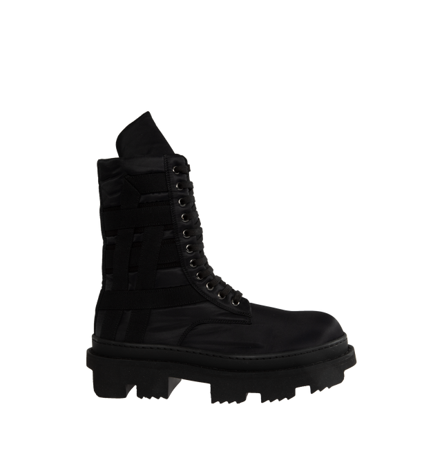 Image 1 of 4 - BLACK - DARK SHADOW Army Megatooth Boots featuring panelled design, metal eyelet detailing, round toe, front lace-up fastening, branded insole, ridged rubber sole and ankle-length. 100% nylon. 