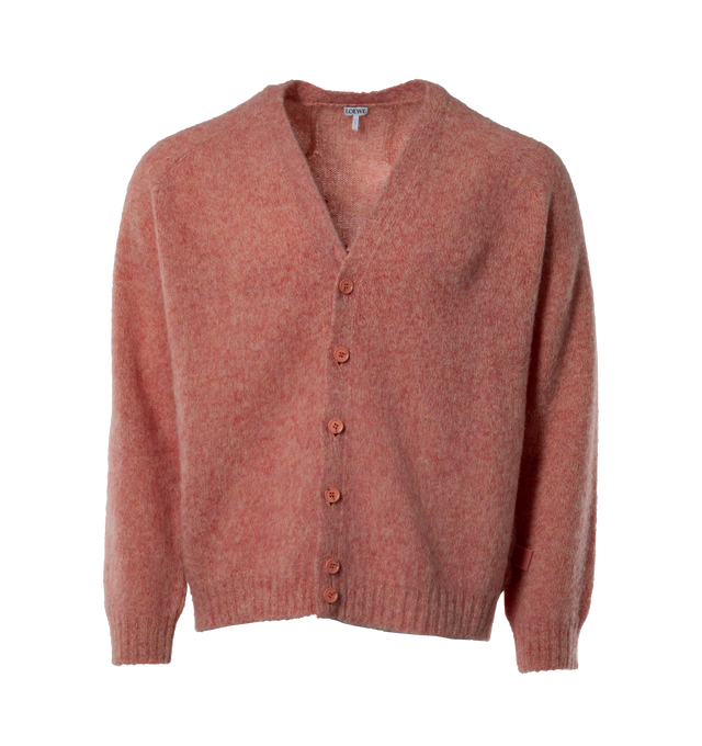 RED - LOEWE Cardigan featuring relaxed fit, regular length, V-neck, ribbed placket, cuffs and hem and tonal LOEWE engraved buttons. Wool. Made in Italy.