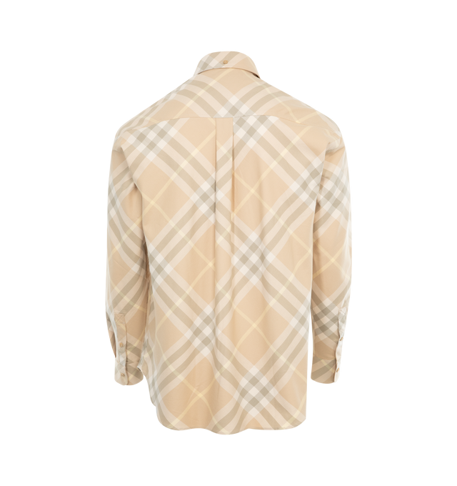 Image 2 of 2 - BROWN - BURBERRY Check Cotton Shirt featuring oversized fit, button closure, single-button cuffs, curved hem and Embroidered Equestrian Knight Design. 100% cotton. 