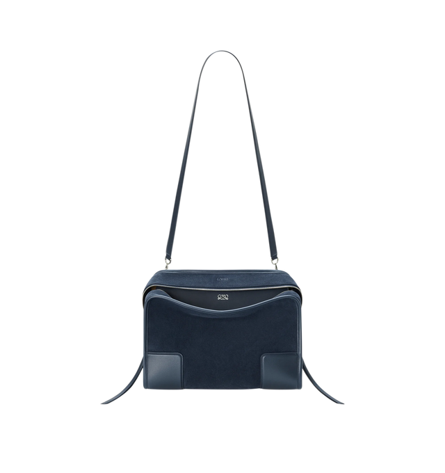 Image 10 of 16 - NAVY - Loewe Large Amazona 180 Bag in suede featuring a relaxed silhouette anchored by a single toron top handle, designed to be carried open while a concealed closure secures the main compartment, removable shoulder and crossbody straps, zip closure with two leather zip pullers, two compartments, main compartment closed with magnetic closure, internal flat pocket, left side d-ring for customization, suede and nappa lambskin lining, embossed LOEWE and embossed double L branding. Suede/calf. 