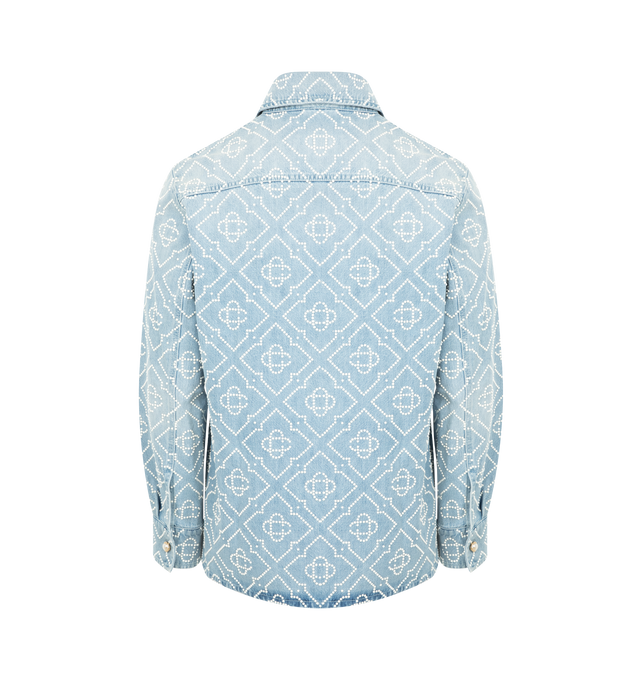 Image 2 of 2 - BLUE - CASABLANCA Pearl Denim Shirt featuring a point collar, button closure, breast pocket, button front closure, relaxed fit and pearl monogram throughout. 100% cotton. Made in Portugal. 