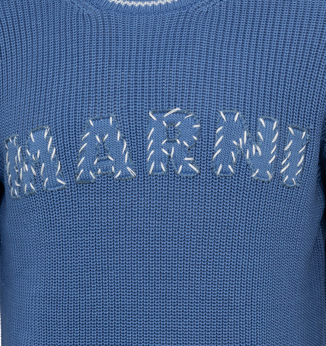 Image 3 of 3 - BLUE - MARNI Logo Sweater featuring knitted construction, crew neck, drop shoulder, long sleeves, embroidered logo to the front, contrast stitching, ribbed trim and straight hem. 100% cotton.  
