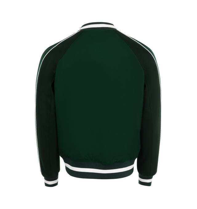 Image 2 of 3 - GREEN - Givency Lettermen Bomber Jacket has a baseball collar, ribbed trims, side pockets, a press stud front closure, and signature brand graphics. 