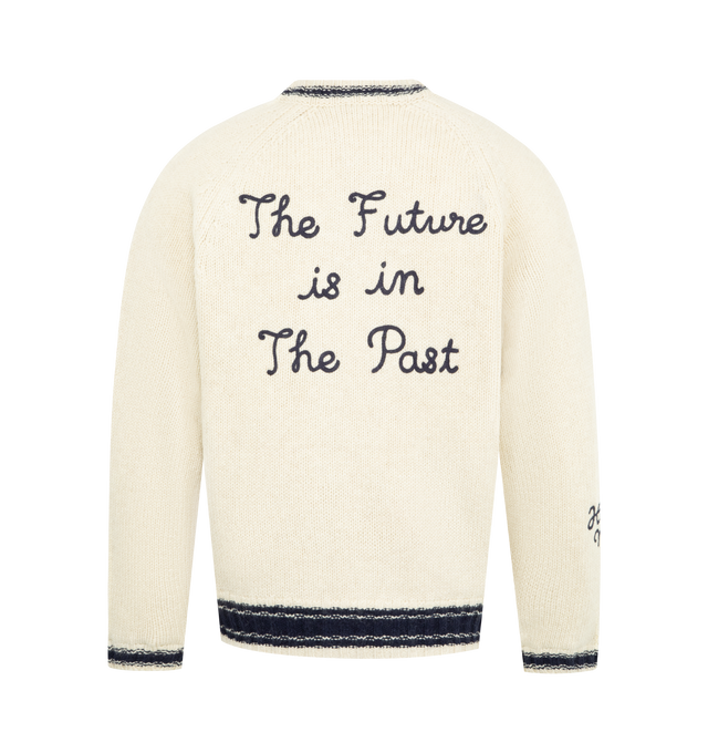 Image 2 of 3 - WHITE - HUMAN MADE Zip-Up Knit Jacket featuring warm, mid-gauge wool knit, polyester lining with heart-shaped quilting, H crocheted on the right chest, heart motif in chenille embroidery on the left chest, brand message expressed in chain stitching, knitted lines add character to the design and two front pockets. 100% wool.  