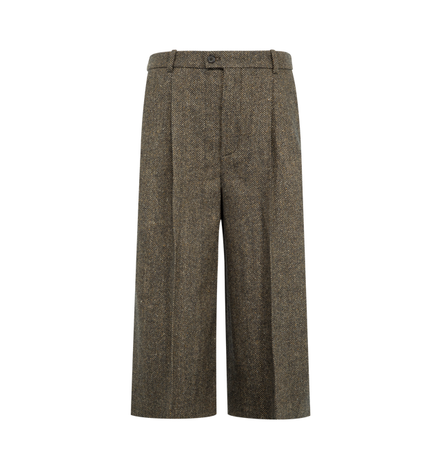 Image 1 of 3 - BROWN - Saint Laurent women's mid-rise tailored culotte shorts featuring a wide leg with center crease and single pleat. Crafted from certified wool featuring front button closure with zip fly, two slash pockets at the front, two welt pockets at the back and waistband with belt loops. Made in Italy. 