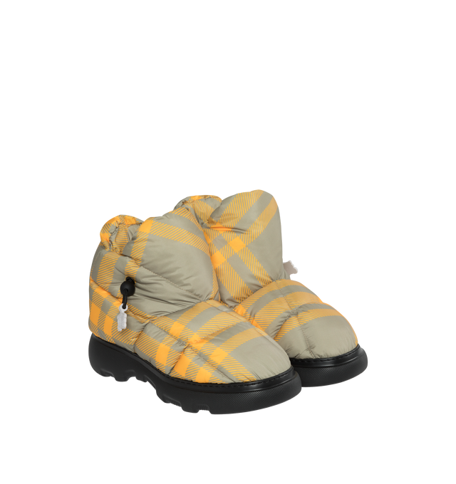 Image 2 of 4 - YELLOW - BURBERRY Check Pillow Boots featuring a rounded toe, drwcord closure and checked insole with Burberry lettering at sole and Equestrian Knight tags.100% polyester upper. 30% polyamide / 30% polyester / 20% brass / 20% thermoplastic polyurethane trim.  56% polyamide / 30% cotton /14% elastane lining. 85% EVA / 15% thermoplastic polyurethane sole. Made in Italy. 