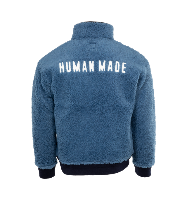Image 2 of 4 - BLUE - HUMAN MADE Boa Fleece Pullover featuring stand collar, 4 button closure, ribbed cuffs and hem, patch logo on chest and logo on back.  