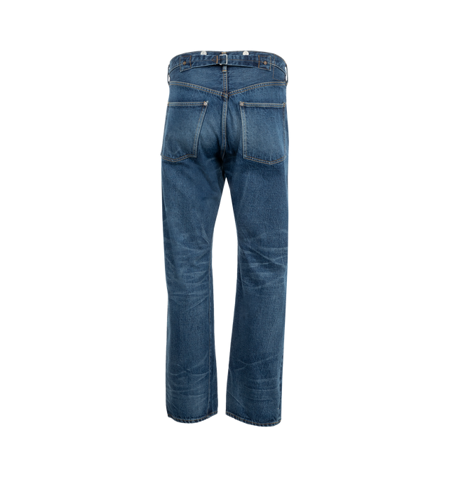 Image 2 of 4 - BLUE - Kaptain Sunshine 1930 Straight Denim Pants are a 5-pocket style with a button fly and a buckle back. 100$ cotton. Made in Japan.  