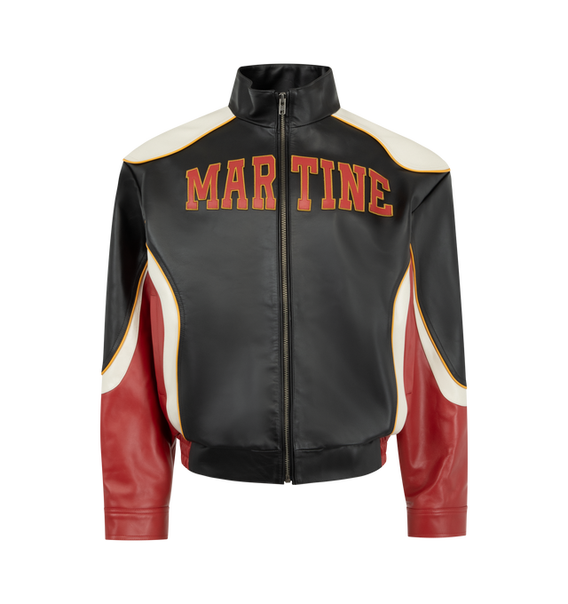 Image 1 of 3 - BLACK - MARTINE ROSE Superbowl Leather Jacket featuring all-over graphics, zip front closure, high neck, elastic hem and button cuffs. 100% calf leather. Made in Italy. 