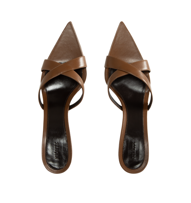 Image 4 of 4 - BROWN - Khaite Women's Sophie Kitten Heel Sandal is crafted from supple goatskin leather and features a minimalist silhouette with crossed straps, a sharply pointed toe, and a sculptural kitten heel. Designed for both elegance and ease, this refined sandal offers exceptional comfort while maintaining its shape through premium kid leather construction. Main Material: Capra Leather (Upper: 100% Kid Leather). Sole: 100% Calfskin Leather. Toe: Pointed. Heel Height: 2.2 in / 5.5 cm. Made in Italy. 