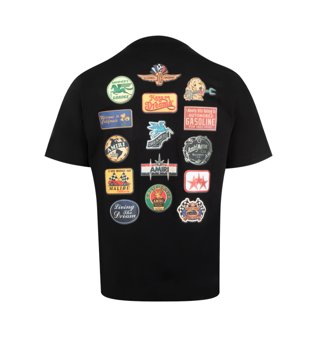 Image 2 of 2 - BLACK - AMIRI Station Patch T-Shirt featuring stretch cotton jersey, rib knit crewneck, ptches graphic on chest and back and dropped shoulders. Cotton. Made in Italy. 