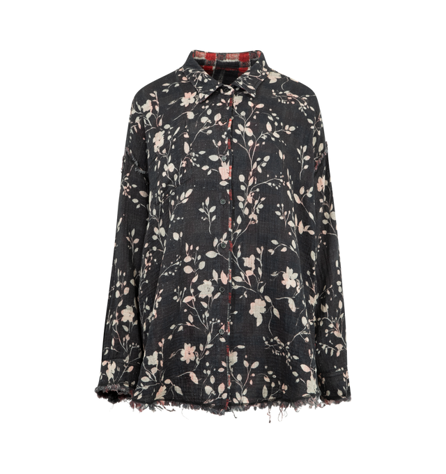 Image 3 of 3 - RED - R13 Reversible Shredded Seam Drop Neck Shirt featuring cotton gauze shirt, frayed edges, check pattern on one side, floral print on the reverse, spread collar, button closure, patch pocket at chest, shirttail hem, dropped shoulders and buttoned barrel cuffs. 100% cotton. Made in Italy. 