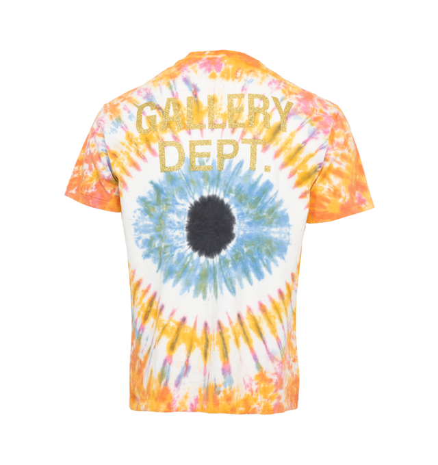 Image 2 of 4 - MULTI - GALLERY DEPT. EYE DYE TEE has a boxy silhouette and is cropped right above the waist. This tee is individually dyed to achieve the EYE composition and is stamped with the GD ENGLISH LOGO in gold glitter on the back of the garment. 100% Cotton . 