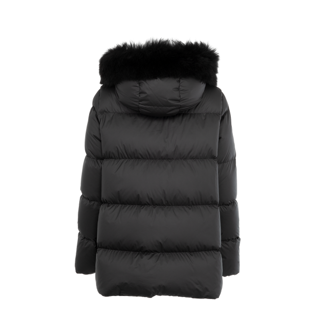 Image 2 of 3 - BLACK - MONCLER Laichefur Short Down Jacket featuring brushed polyester, longue saison lining, down-filled, hood, detachable shearling collar, zipper closure and zipped pockets. 100% polyester. Padding: 90% down, 10% feather. 