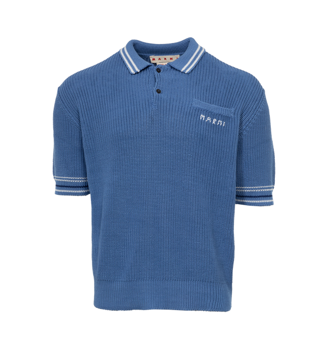 Image 1 of 3 - BLUE - MARNI Logo Polo Shirt featuring short sleeves, embroidered logo, polo collar with buttons and chest pocket. 100% cotton. Made in Italy. 