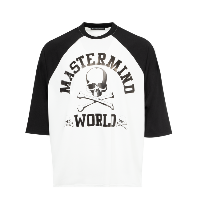 WHITE - MASTERMIND JAPAN Raglan T-Shirt featuring contrast raglan sleeves, printed logo on front and back and straight hem. 100% cotton. Made in Japan.