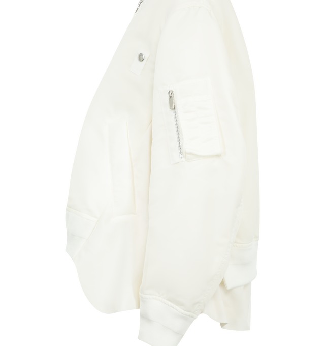 Image 3 of 3 - WHITE - SACAI Nylon Twill & Wool Suiting Jacket featuring nylon satin bomber jacket, paneled construction, rib-knit stand collar, two-way zip closure, press-stud tabs at chest, cropped asymmetric hem and utility pocket at sleeve. Made in Japan. 