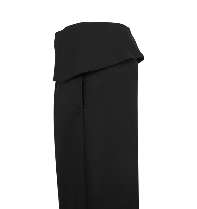 Image 3 of 3 - BLACK - Loewe Women's Draped Trousers are crafted from lightweight fluid wool and feature an asymmetric draped front with a flap at the waist. Designed with a relaxed fit, regular length, mid waist, and wide-leg silhouette, they are finished with a concealed hook-and-button fastening, side seam pockets, rear welt pockets, and signature Double L embroidery at the front. Main Material: 100% Wool. Made in Italy. 