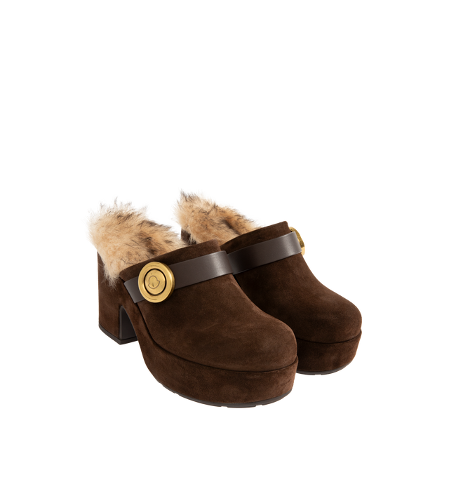 Image 2 of 4 - BROWN - MONCLER Amalia Mule featuring block heel clog, suede upper, leather strap with gold detail and fur insole. 