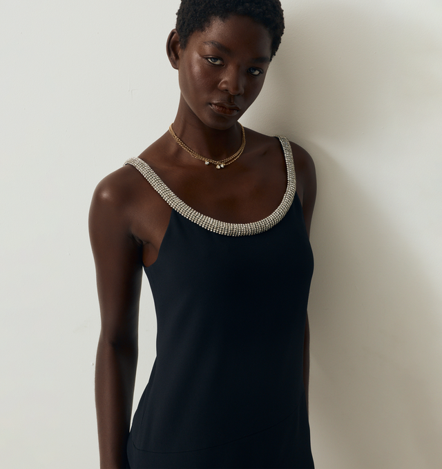 Image 4 of 5 - BLACK - TOM FORD Crystal Embroidery Cocktail Dress featuring an asymmetric crepe satin cocktail dress with sculpted crystal-chain embroidery, a high-low silhouette and fully lined. 73% acetate, 27% viscose. Lining: 100% silk. Made in Italy. This item may be restricted for online purchase to international clients. For assistance purchasing this item please contact our dedicated stylist team at personalshopping@hirshleifers.com. 