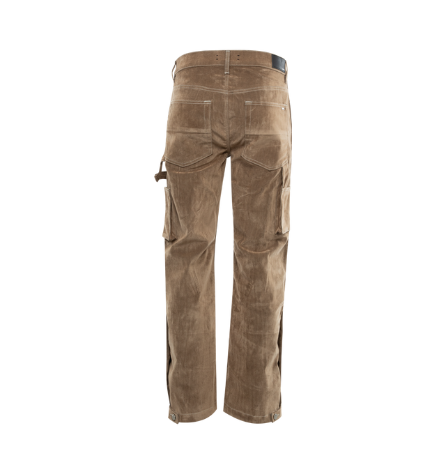 Image 2 of 4 - BROWN - AMIRI Flocked Carpenter Pant featuring button fly, hammer loop detail at side, tonal stitched logo detail at leg and velour fabric with contrast stitching. 67% cotton, 21% polyester, 6% polyurethane, 4% nylon, 2% elastane. Made in USA. 