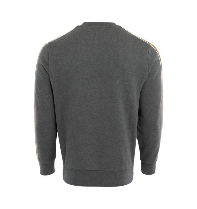 Image 2 of 3 - GREY - MONCLER SIDE-STRIPE LOGO SWEATSHIRT has contrasting side stripes, a crew neckline, leather logo patch at chest, banded cuffs and hem, is unlined and a pullover style.  