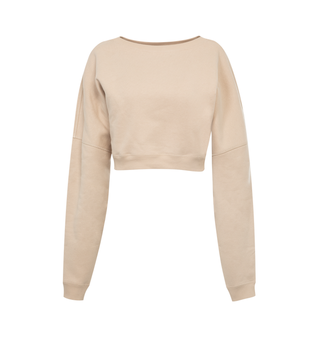 Image 1 of 2 - PINK - SAINT LAURENT Cropped Sweater featuring wide round neck, ribbed trims, drop shoulder and tonal logo embroidery on sleeve. 100% cotton. Made in France.  