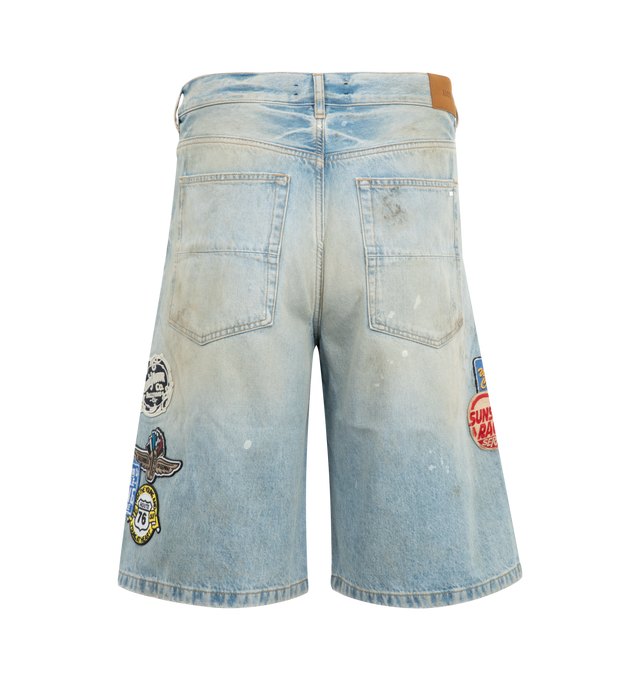 Image 2 of 3 - BLUE - AMIRI Station Patch Denim Shorts featuring belt loops, classic five pockets, fading, logo patch to the side, patches on legs, logo patch to the rear and front button fastening. 100% cotton. 