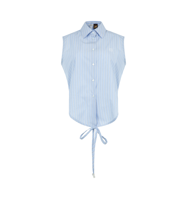 Image 1 of 3 - BLUE - LOEWE PAULA'S IBIZA Sleeveless Shirt in lightweight striped cotton poplin featuring an asymmetrical front-to-back hem that can be wrapped around and tied at the back, regular fit, adjustable length, classic collar, button front fastening and anagram embroidery placed on the chest. Cotton. Made in Italy. 