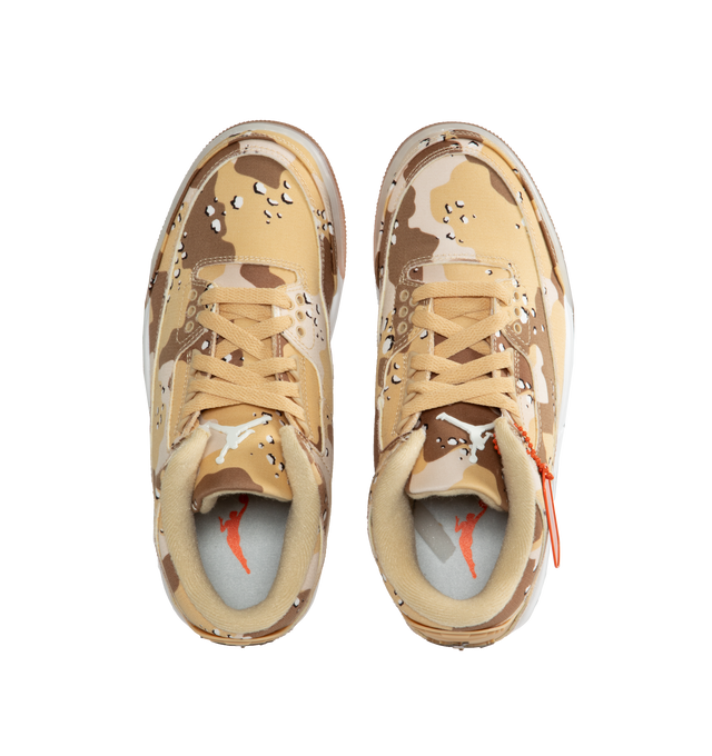 Image 5 of 5 - NEUTRAL - Women's Air Jordan 3 lace-up sneakers with  Desert Camo textile upper, raised Jumpman logo at the tongue, vibrant hits of Brilliant Orange on the bottom of the sole, plus a coordinating dog tag accessory. 