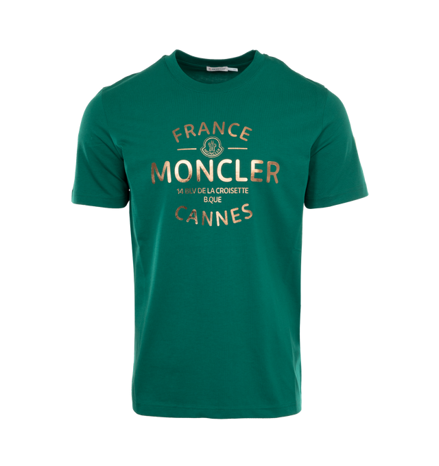 Image 1 of 2 - GREEN - MONCLER Metallic Logo T-Shirt featuring cotton jersey, crew neck, short sleeves and laminated print. 100% cotton. 
