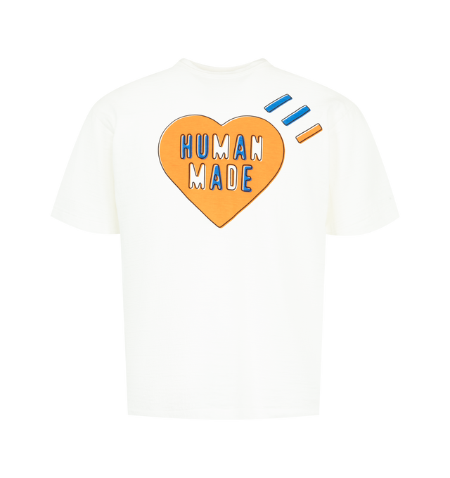 Image 1 of 2 - WHITE - HUMAN MADE Graphic T-Shirt featuring rounded body with no seams, double binder neck design for extra durability, colorful heart logo on the front, DRY ALLS on the back, crew neck and short sleeves. 100% cotton.  