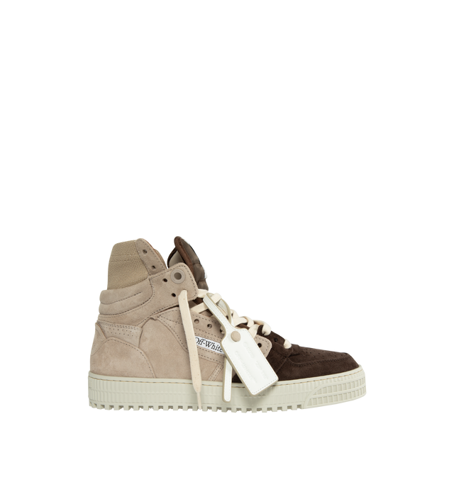 Image 1 of 5 - BROWN - Off-White 3.0 Off Court Sneakers High-Top Sneakers crafted from calf leather featuring a basketball-inspired high-top silhouette, signature Zip Tie tag and Arrows logo print to the side, perforated toebox, round toe, front lace-up fastening and ridged rubber sole. Made in Italy. 100% Rubber sole, 70% Leather, 15% Polyamide, 14% Polyester, 1% Elastane.  