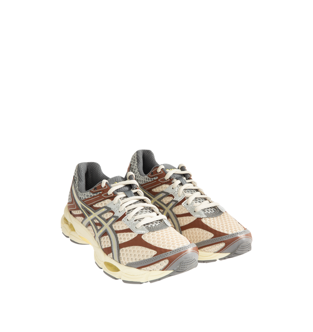 Image 2 of 5 - BROWN - ASICS Emmi X GEL-CUMULUS 16 Sneaker featuring a combination of matte synthetic leather overlays, no-sew paneling, open mesh underlays, dual GEL technology inserts, FLUIDRIDE and FLYTEFOAM technologies. 