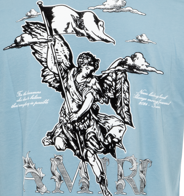 Image 4 of 4 - BLUE - AMIRI Angel Tee featuring logo print at the chest, logo graphic print to the rear, crew neck, short sleeves and straight hem. 100% cotton.  